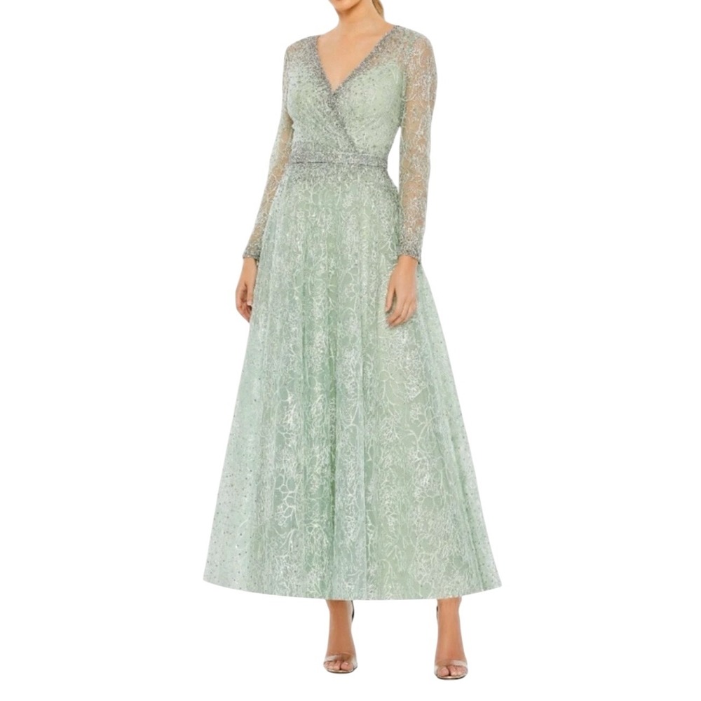 Mac Duggal 20366‎ Sage Wrap Bodice A-Line Tea Length Dress Size 6 $798 - Picture 1 of 8